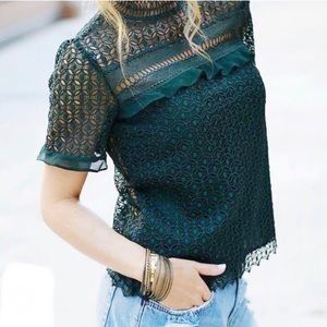 ZARA Emerald Green Guipure Lace Mock Neck Ruffle Trim Top Blouse Shirt sz XS